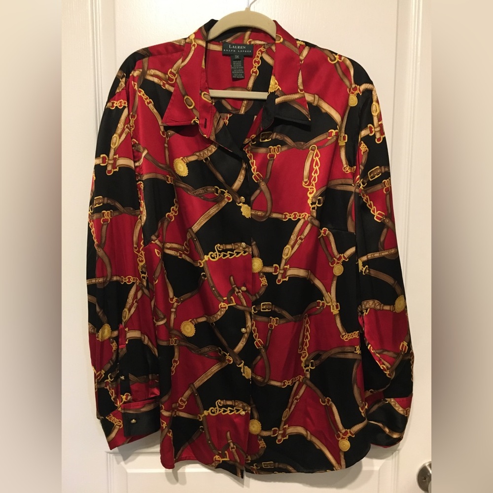 Ralph Lauren Equestrian Themed, 100% Silk Blouse Sz 3X